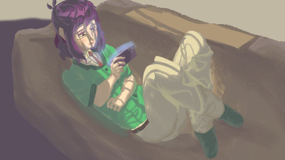 a clean sketch drawing of a young woman with dark purple hair who is lying on the brown sofa, holding a dark purple smartphone in her right hand. she has white skin, red eyes, her haircut is a bit messy, hair are streaming down to shoulders. she is wearing beige shirt, dark green jacket with red tie and beige pants, and dark green socks. the lighting is limited, a square of light capturing several elements like face and partly clothing. her face is relaxed, as the woman is looking onto the screen that is glowing at her face. End ID