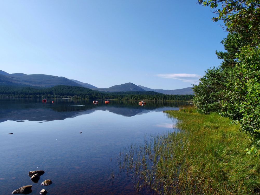 Photo of Loch Morlich. Bluesky, blue hills, reflected in com blue water. Several coloured row boats centre. Trees and grass to the right, stones bottom left.
