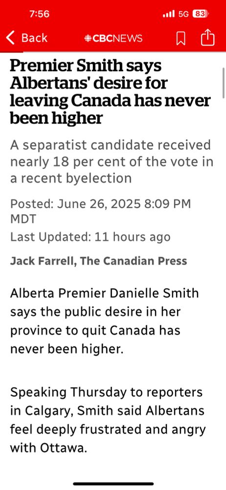 Premiere of Alberta says the public desire to quit Canada has never been higher.