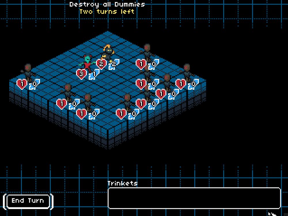 A preview of a puzzle level from Golemancer. The player uses a series of skills to move their units around and destroy dummies on the board. The objective listed at the top states "Destroy all Dummies. Two turns left".