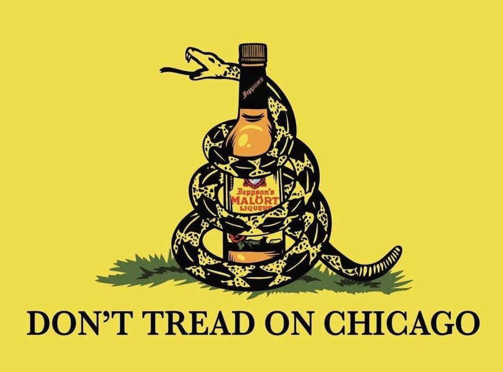 Chicago's own Gasden flag: A rattlesnake coiled around a bottle of Malört 