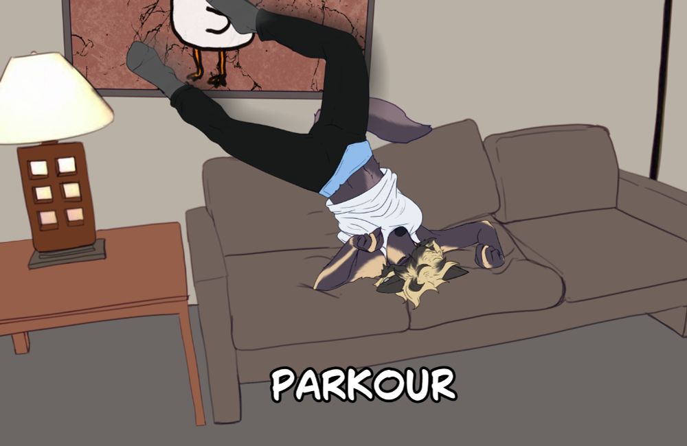 Sadie a anthro raccondog girl doing some pathetic parkour