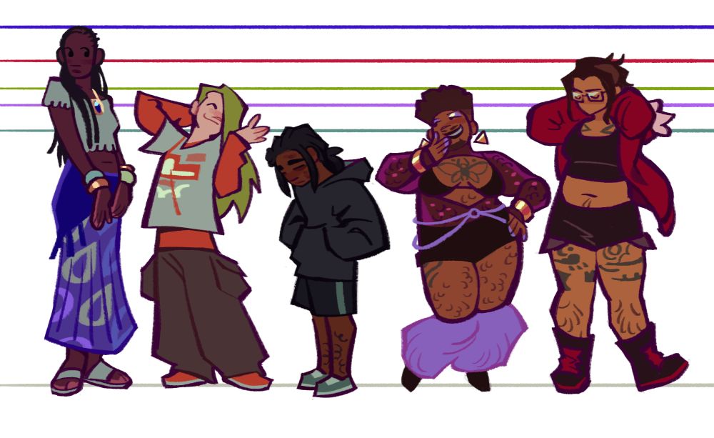 A lineup of all 5 of my OCs, drawn in a simplified style, to compare their heights. In order from shortest to tallest they are: Zayd, Santiago, Azalea, Candela and Paulina.