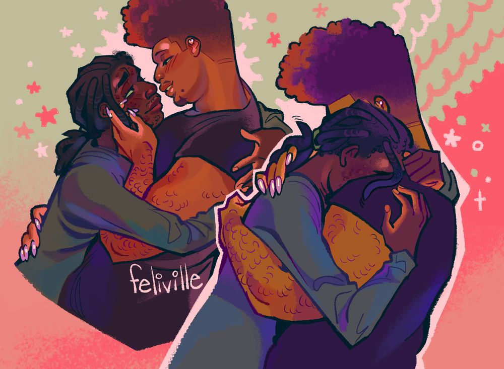 Two digital drawings from the waist up of my OCs Zayd and Santiago embracing. In the first one, Santiago caresses Zayd's face, while they look at each other with adoration. In the second one, Zayd nuzzles up against Santiago's chest, burying his face in the crook of his neck.