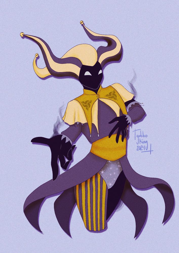 Half body drawing of Rohelio, a jester, holding his hand out as if inviting you to a show.