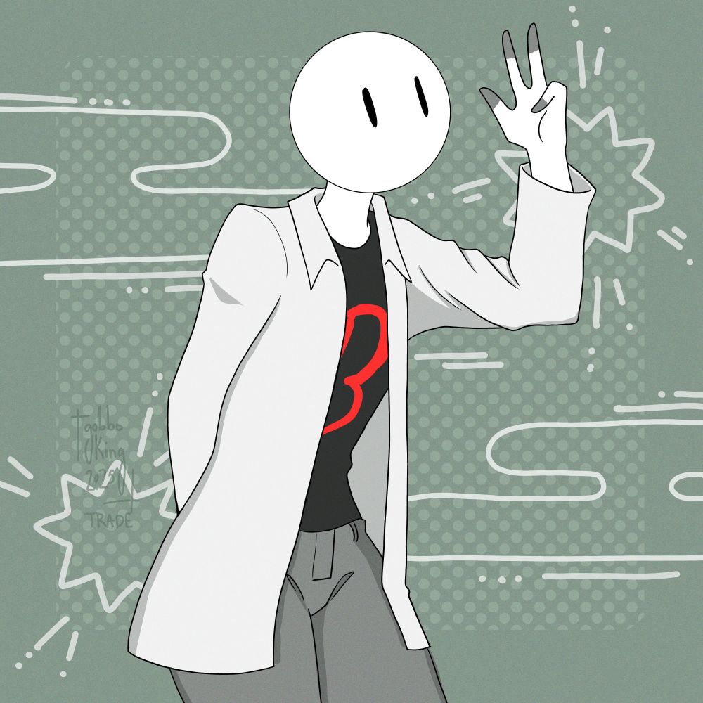 A ball headed character named BoB. He's wearing a white lab coat style jacket, grey pants, and a black shirt with a red B on it. He's holding a peace sign.