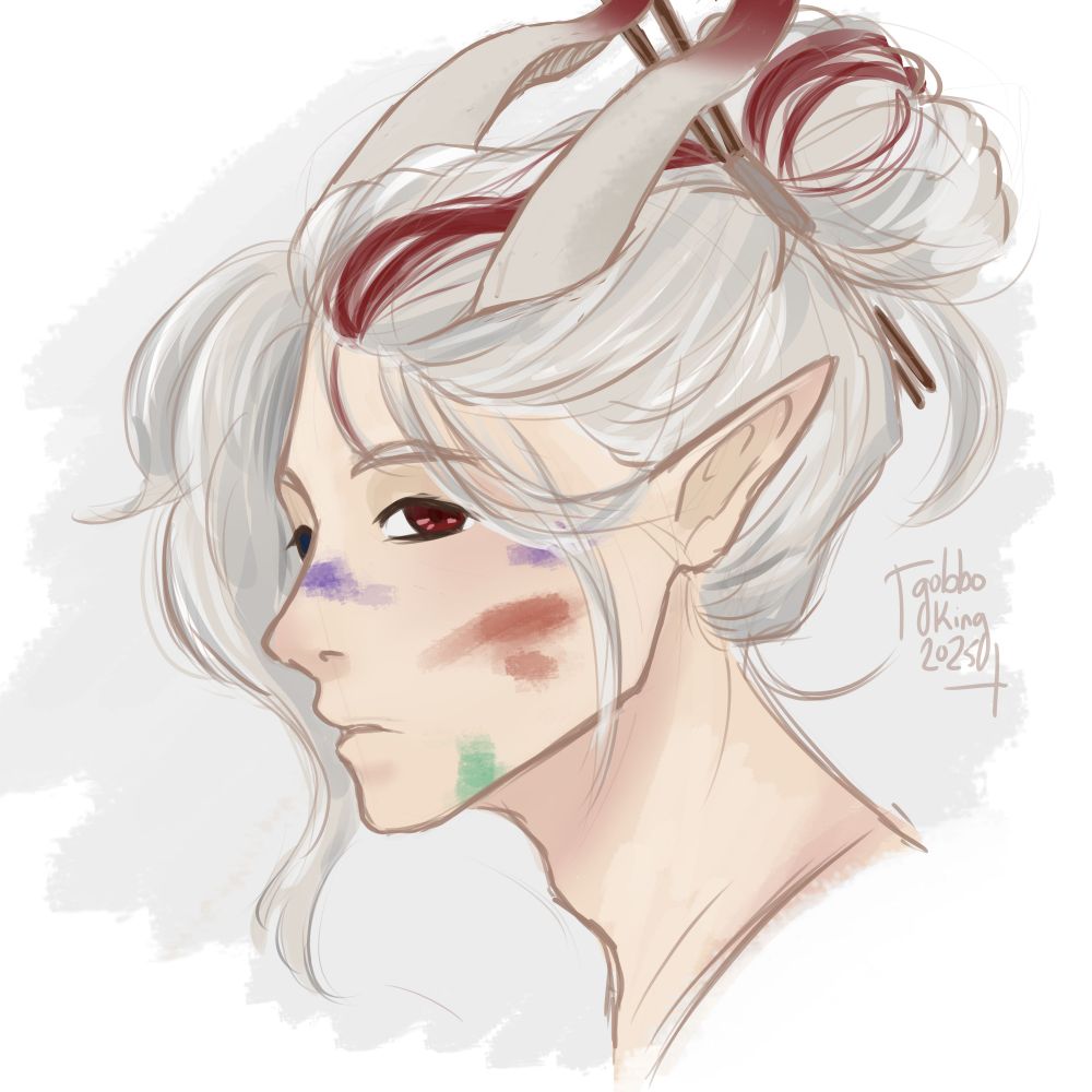 Same drawing but Aspen has paint smears on his face. Purple on the bridge of his nose and at the corner of his eye, red on his cheek and green on his jaw.