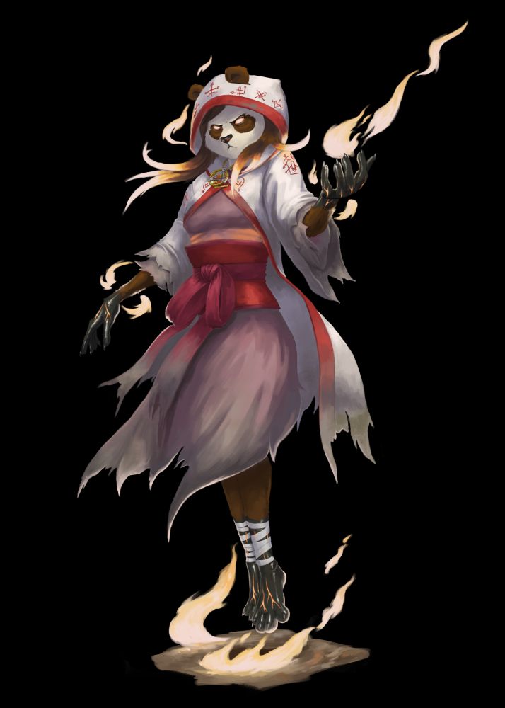 an anthro panda floating in a frayed red dress with her hair ablaze (art by ReubenYeoArt)