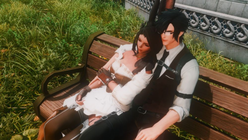 Camera angled downward towards the characters. Same pose as the first image.