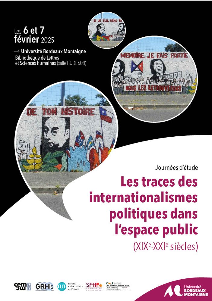 Affiche de l'événement "Les traces des internationalismes politiques dans l'espace public (XIXe - XXIe siècles)", organisé à la Bibliothèque de Lettres et Sciences Humaines de l'Université Bordeaux Montaigne, les 6 et 7 février 2025
