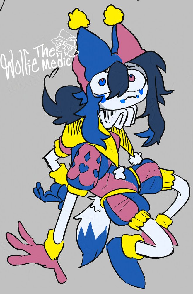 a clown girl with a jesters hat and colorcoded blue and magenta. the hat is sticking up like dog ears and she has a wolf tail. based on pomnis design from the amazing digital circus