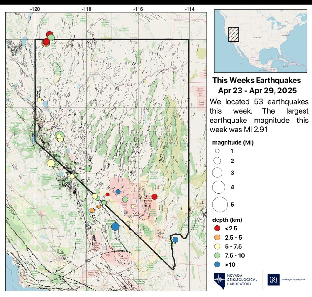 Map of Nevada showing earthquake locations for the week of Apr 23 - Apr 29, 2025. We located 53 earthquakes and the largest was a magnitude 2.91 near Yerington.