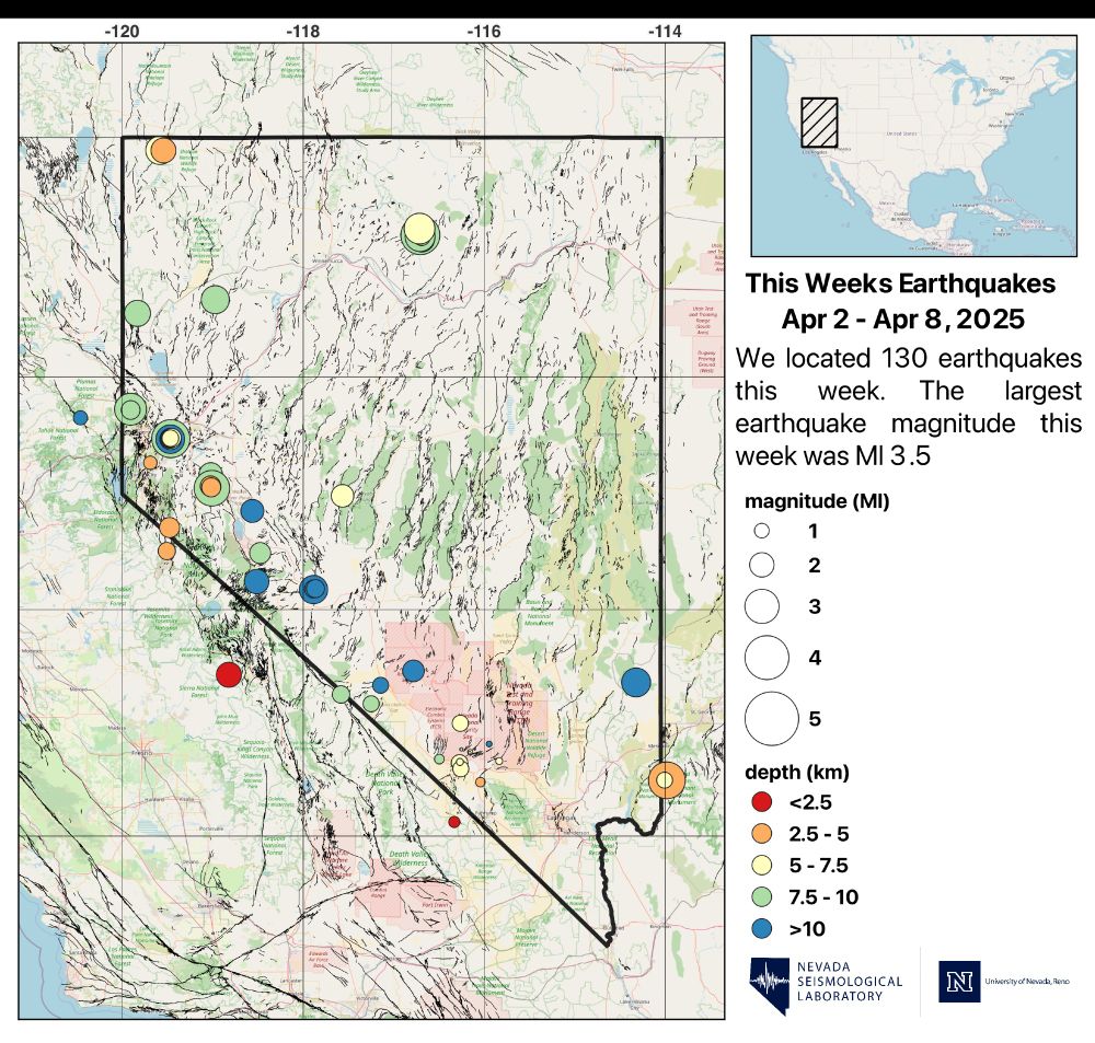 Map showing the state of Nevada with earthquakes that occurred from Apr 2 - Apr 8, 2025. This week we located 130 earthquakes and the largest was a magnitude 3.5 near Battle Mountain.