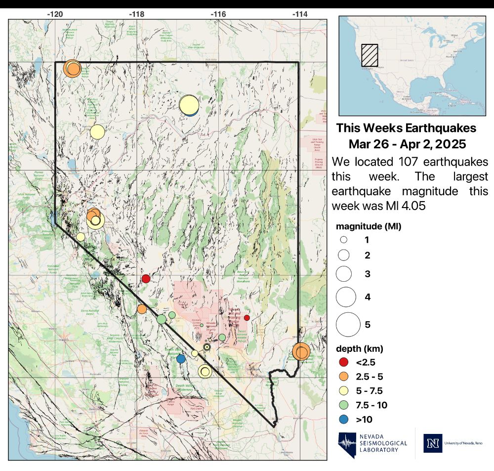 Map of Nevada showing the seismicity from Mar 26 - Apr 2, 2025. There are 107 earthquakes located this week and the largest was a magnitude 4.05 just north of Battle Mountain. 