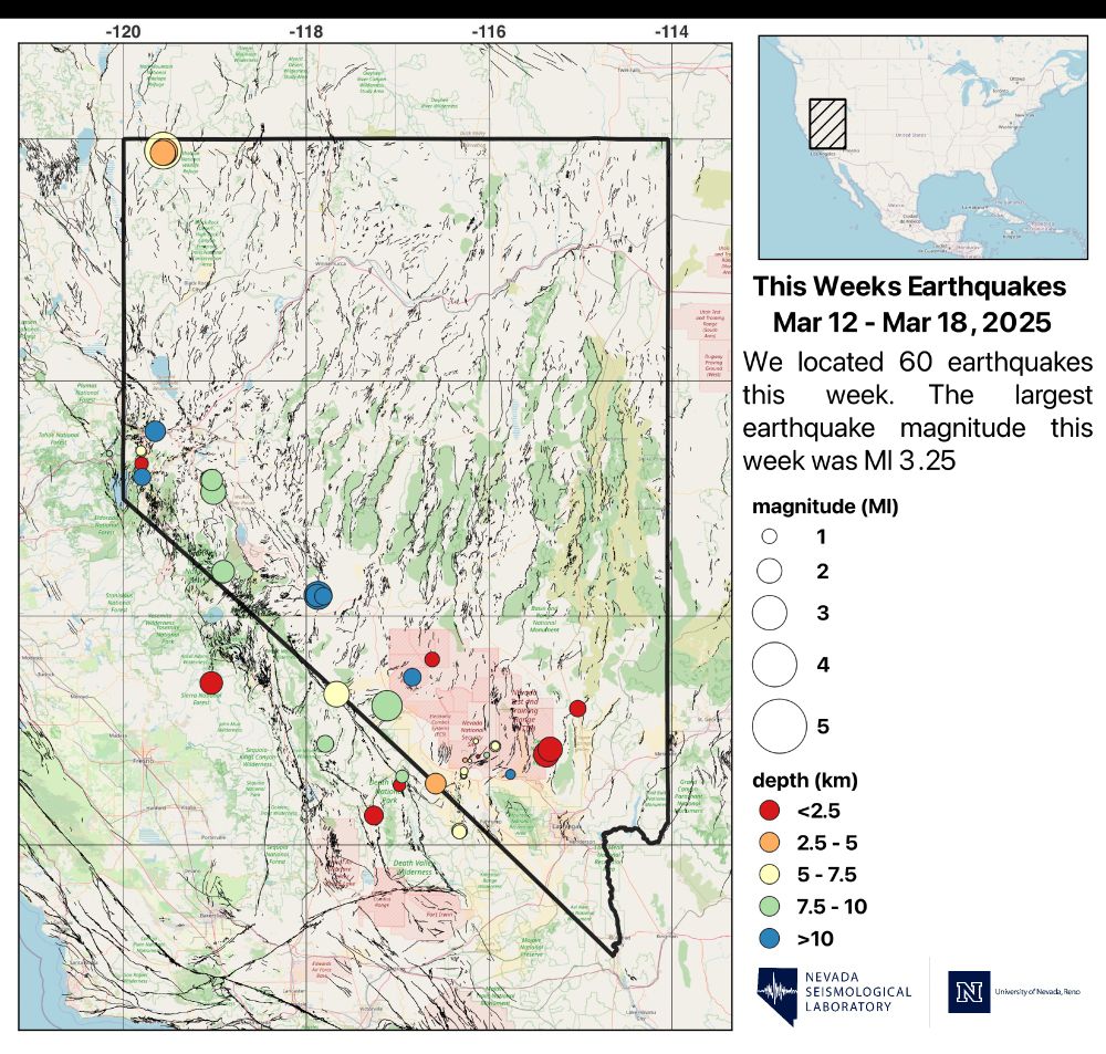 Map of Nevada showing seismicity from Mar 12 to Mar 18, 2025. We located 60 earthquakes this week and the largest was a magnitude 3.25 near Sheldon. 