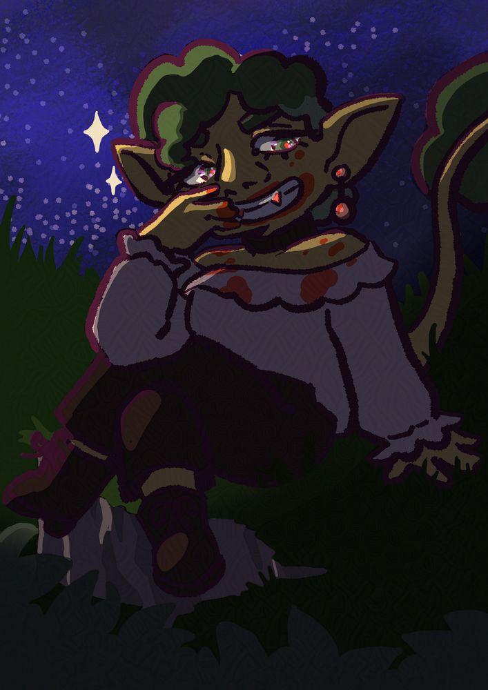 Digital drawing of my persona in a vampire costume backlit by the stars