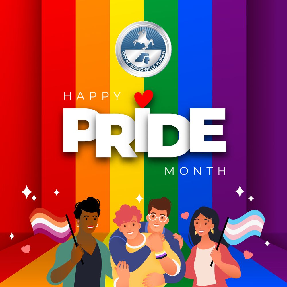happy pride month with rainbow colors and cartoon people holding flags
