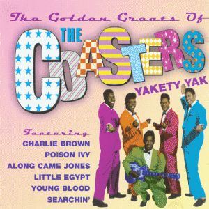 Album cover for a band in the 1950s & 1960s called The Coasters. The cover features their name in large block letters with each letter having a different pattern of stars, stripes, squares, diamonds and dots. The 5 band members are posing together and each member has a different brightly colored suit - hot pink, orange, red, blue, and green. The title of the album, Yakety Yak, is below the Coasters name. 