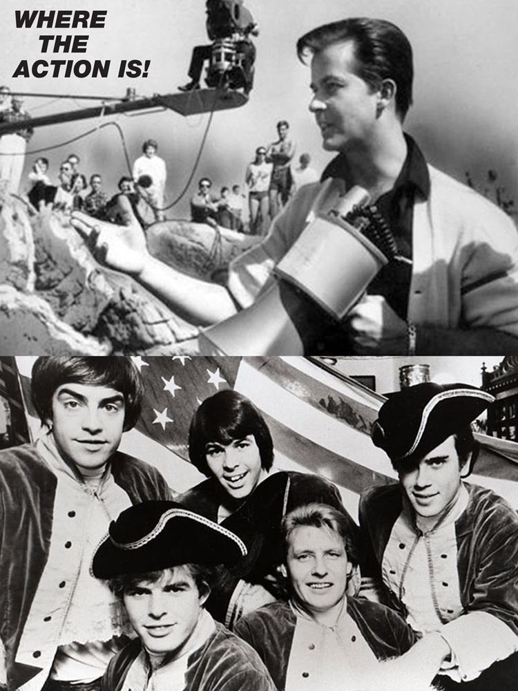 Man standing a megaphone in front of a crowd of young people on upper half of image. Lower half of image are the members of rock band Paul Revere and the Raiders dressed in Colonial uniforms.