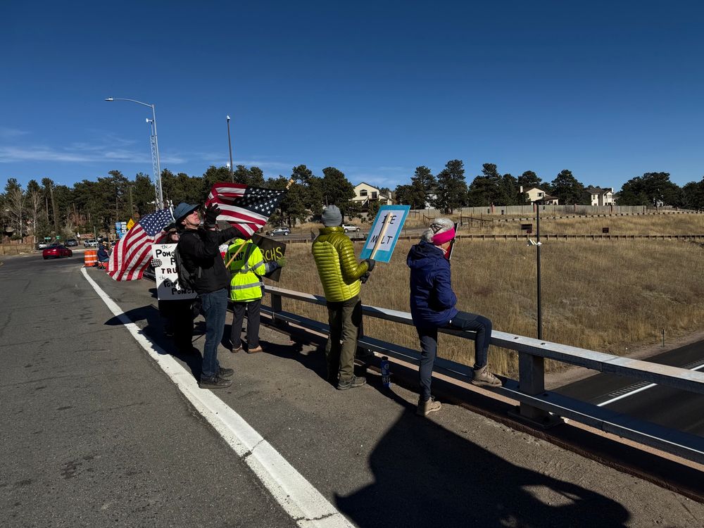 Protestors on overpass with American flags