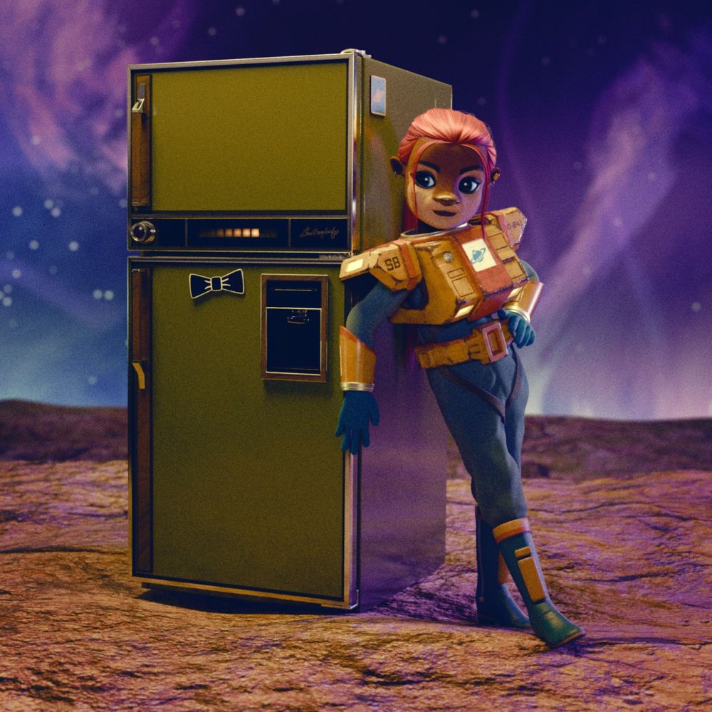 An anthropomorphic otter with long, red hair wearing a spacesuit leaning against a 1980s-looking refrigerator wearing a bow tie magnet.