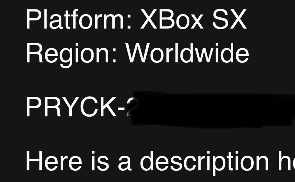 A cropped screenshot of a verification email containing a code for an XBox Series S/X code. The latter half of the code is blacked out, with the beginning 5 letters being P, R, Y, C and K.