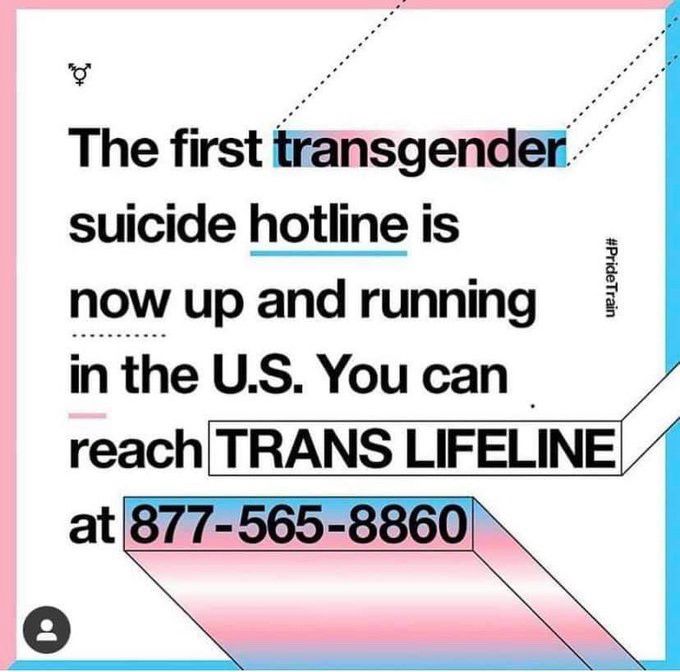 Text on a white background with pastel blue and pink accents representing the trans flag. Text reads: “The first Transgender suicide hotline is now up and running in the U.S. You can reach [TRANS LIFELINE] at 877-565-8860 #PrideTrain”