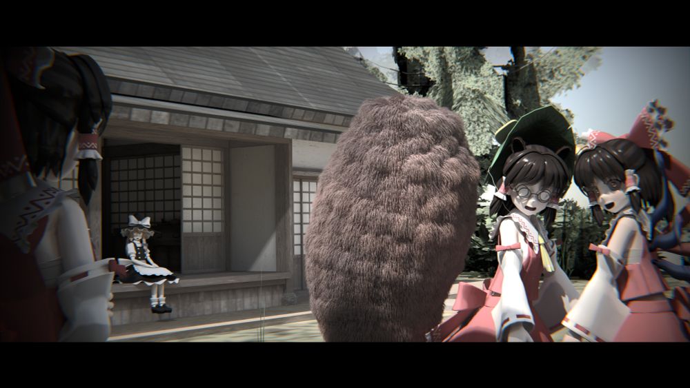 Reimu and Marisa by Schwarz
Nue (wings) by Kaoru
Mamizou (Hat, glasses, ears and tail) by Flick
Hakurei Shrine by NuKasa
Rendered in Blender