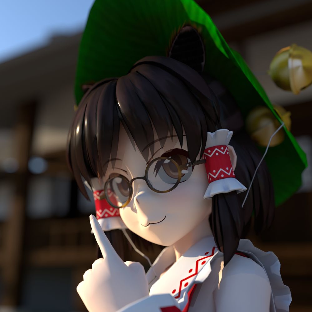 Reimu by Schwarz
Mamizou (Hat, glasses, ears and tail) by Flick
Myouren Temple by Nya
Rendered in Blender