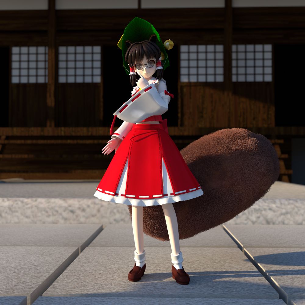 Reimu by Schwarz
Mamizou (Hat, glasses, ears and tail) by Flick
Myouren Temple by Nya
Rendered in Blender