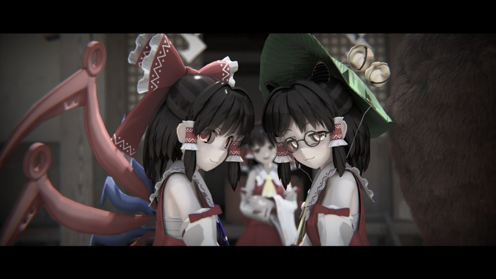 Reimu by Schwarz
Nue (wings) by Kaoru
Mamizou (Hat, glasses, ears and tail) by Flick
Hakurei Shrine by NuKasa
Rendered in Blender