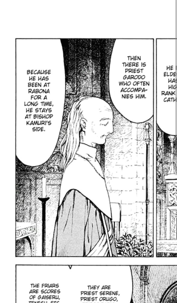 Um quadro do mangá Claymore, onde um padre fala de uma cidade chamada Rabona