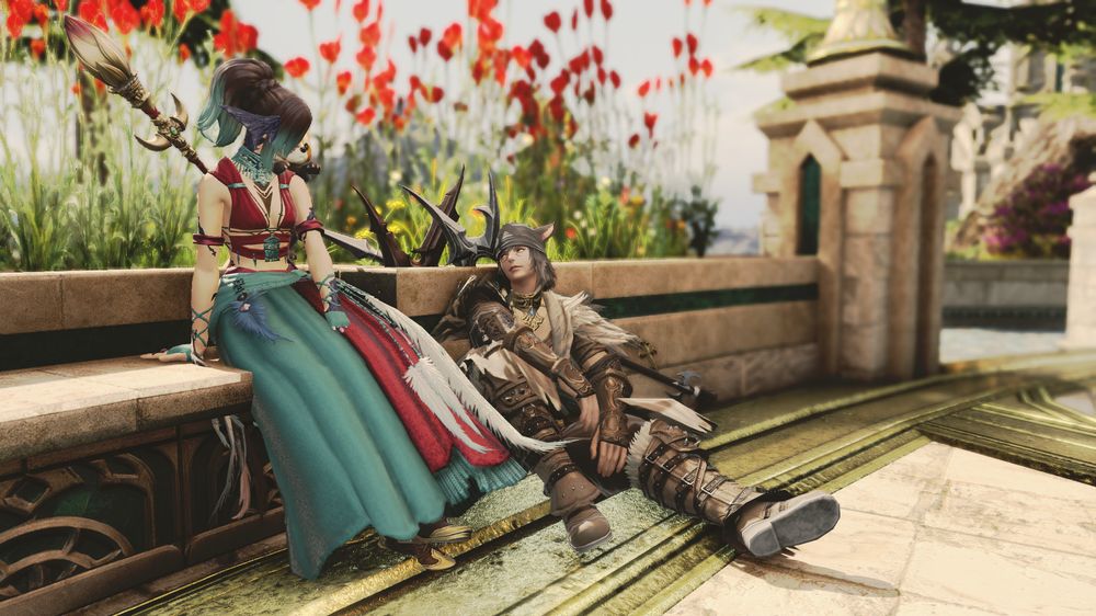 Just 2 characters sitting peacefully and looking at each other. She is wearing something which looks like a dress (cuttet in two party) while hes weaking a full amor of fur like a warrior 