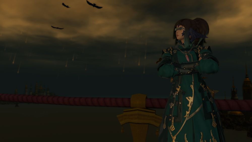 Girl in a Turquoise Outfit with some golden ornaments on the clothing leaning on a big red rope. It seems like the world is going down since a lot of stars falling from the sky. The clouds are dark golden/dirty brown
