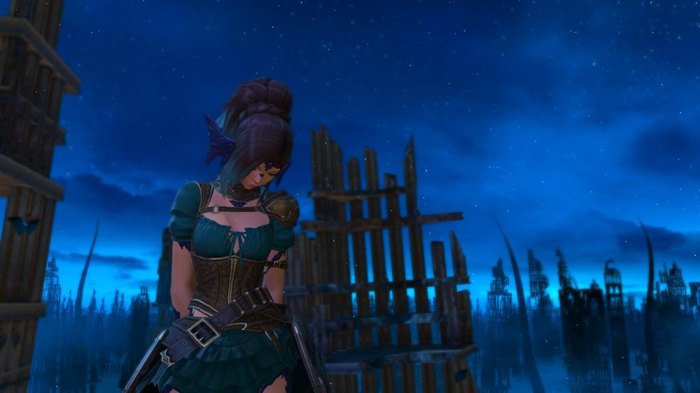 Character staying in front of big ruines. Her head looking down, arms on her back. The night is clear, you can see thousands of shining stars. The beautiy in chaos