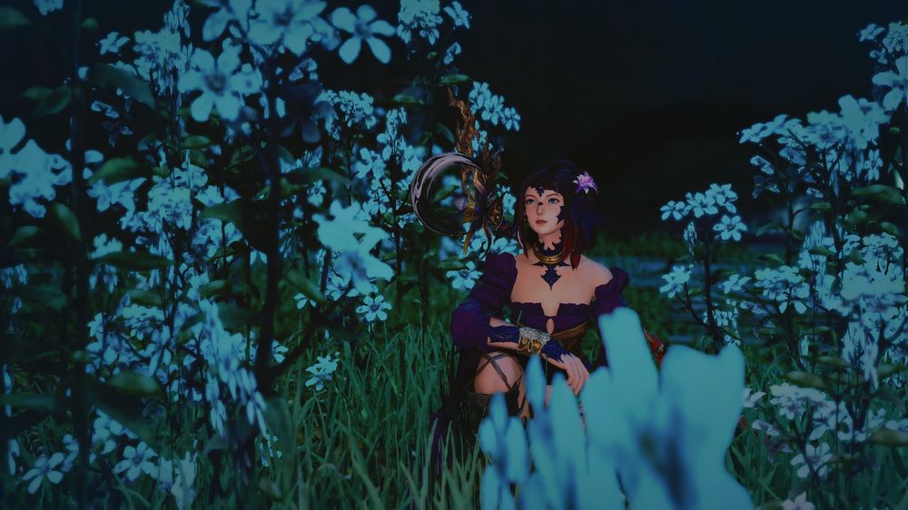 Character kneeling to the camera. She has a purple flower in her hair, wearing a dress which is also purple. Around her are many tiny blue flowers. On her back is a moon-looking magic wand? For a healing druid.
