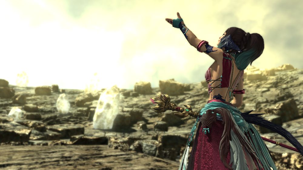 Character staying with her back-side-ish to the camera. Her arm reaching to the bright glowing sky