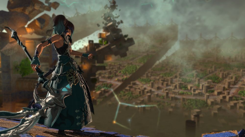 Character with ponytail and a scyth holding in her left hand. She is wearing a long dress-like outfit in a dark green-blue-ish color. Her pose is kinda saying "I am ready for the fight!". She is staying in front of "nothing". Buildings are destroyed by a war, bricks floating around. Very far away you can see big pieces of a city just flying around as well. 