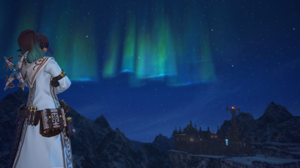 Girl in a light blue Coat standing on a edge of a mountain, staying with her back to the picture and looking at the beautiful Aurora Borealis. More far away there is a tiny medival-looking village with a big tower on the front. Around the Village and her are some big, in snow coated, mountains