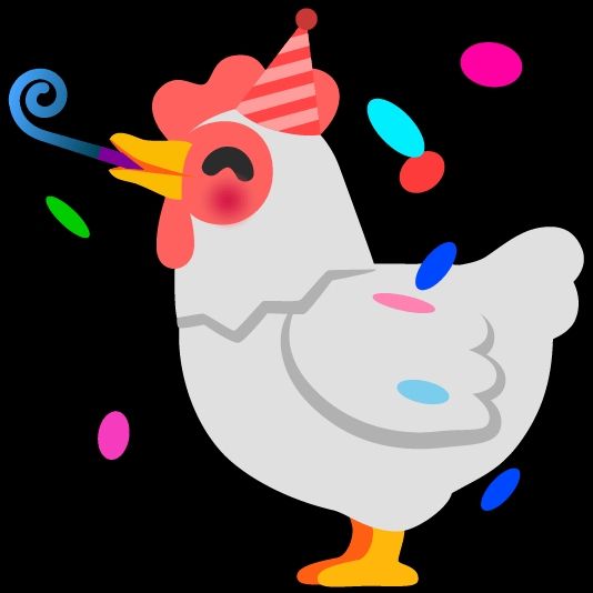 Android sticker of a chicken celebrating with a party hat, confetti, and a party blower.