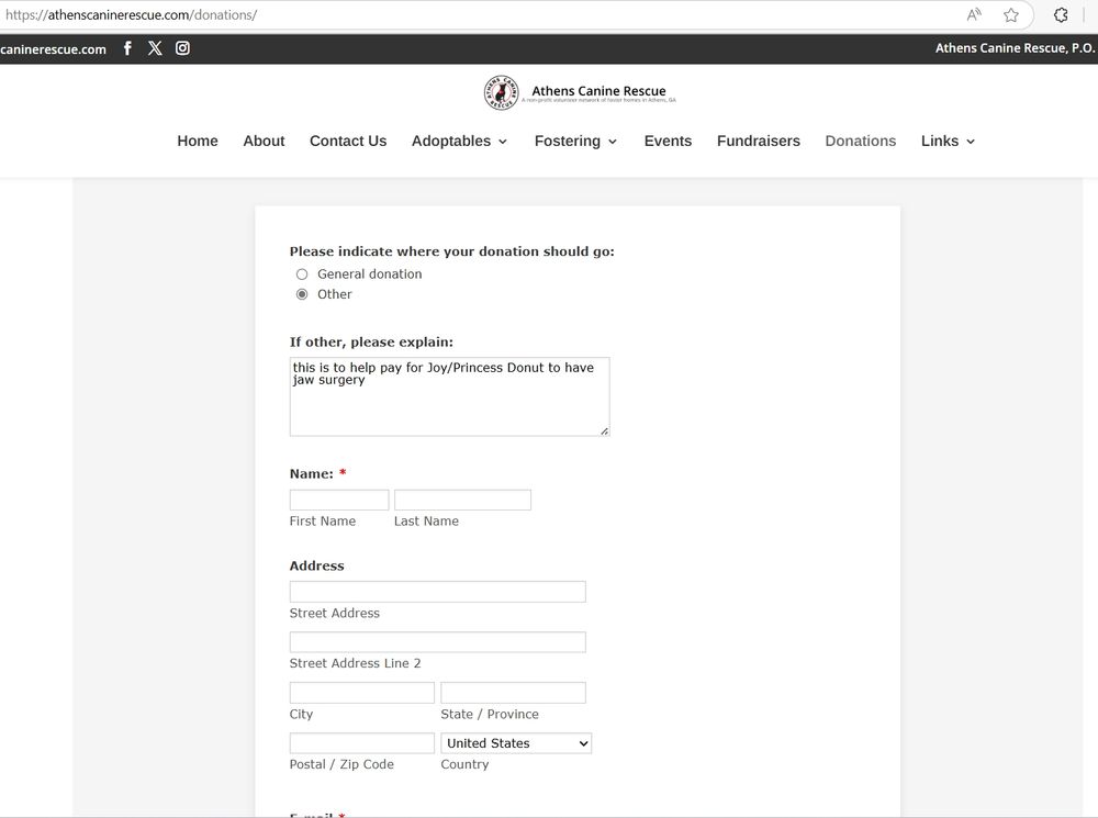 Screenshot of athenscaninerescue.com donation page.

The "other" block is filled in with "this is to help pay for Joy/Princess Donut to have jaw surgery"