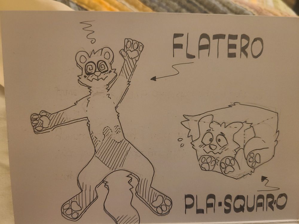 On the left, a pine marten flattened into 2 dimensions with swirly unconscious eyes labeled 