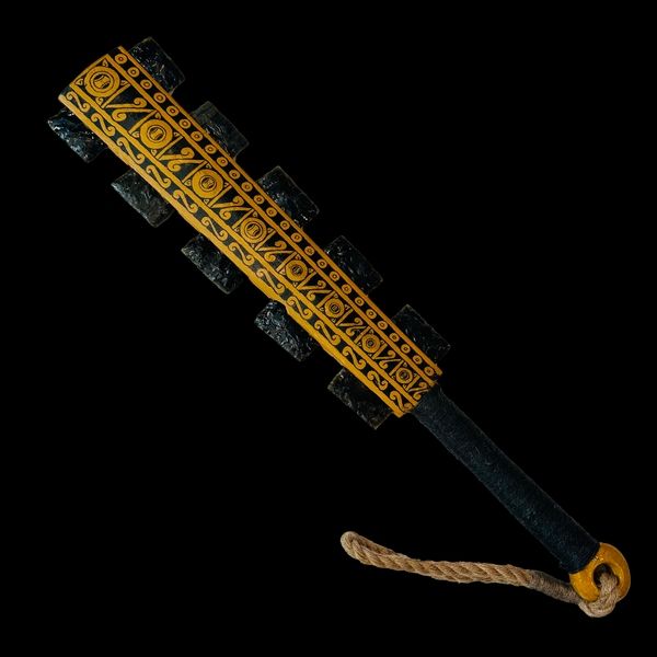 A macuahuitl, a Mesoamerican weapon made of solid wood with multiple prismatic shards of obsidian attached to the sides (usually by bitumen). Although the blades did not last long, they could be honed sharper than steel (one record from the Spanish conquest reports one warrior actually decapitated a conquistador's horse)
