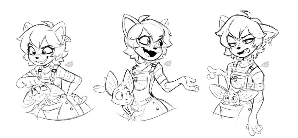 Three illustrations of an anthro tree kangaroo with a tiny bat in her pouch making animated expressions.