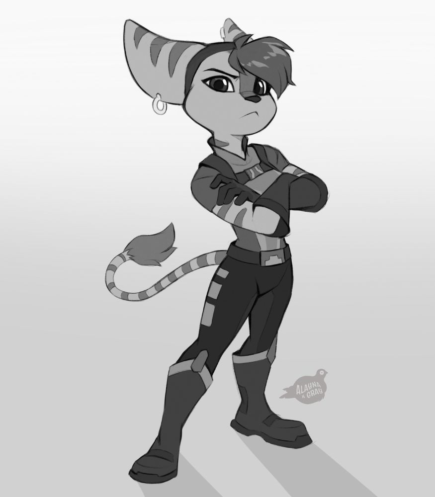 Illustration of a Lombax, a bipedal catlike alien with large striped ears and a lion tail. She is crossing her arms and scowling.