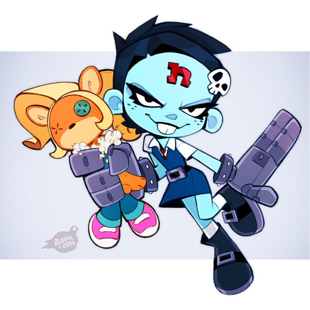 Illustration of Nina Cortex from the Crash Bandicoot series, a goth girl with large buck teeth and bionic hands. She is striking a cute pose while squeezing the stuffing out of a plushie of her rival, Coco Bandicoot.