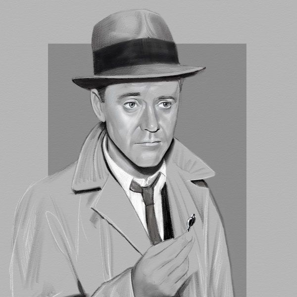 A black and white illustration of Jack Lemon holding a key.