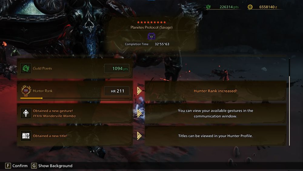 A results screen showing completion of the Planetes Protocol (Savage) quest from Monster Hunter Wilds
