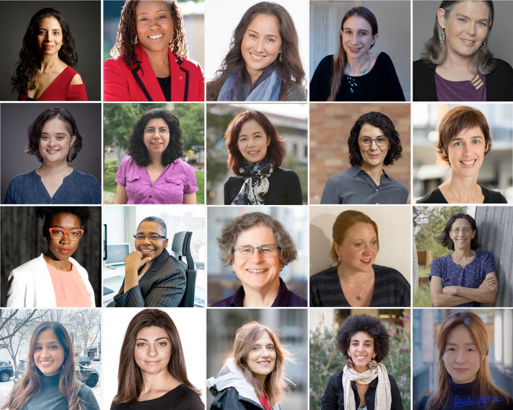 Collage with 20 trailblazing Women of AI- Anima Anandakumar, Ayanna Howard, Cynthia Breazeal, Cynthia Rudin, Daphne Koller, Devi Parikh, Doina Precup, Fei-Fei Li, Hanna Hajishirzi, Joelle Pineau, Joy Buolamwini, Latanya Sweeney, Leslie Kaelbling, Margaret Mitchell, Melanie Mitchell, Niki Parmar, Rana el Kaliouby, Regina Barzilay, Timnit Gebru, Yejin Choi