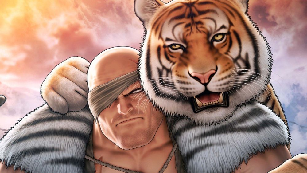 Sagat being cuddled by a tiger